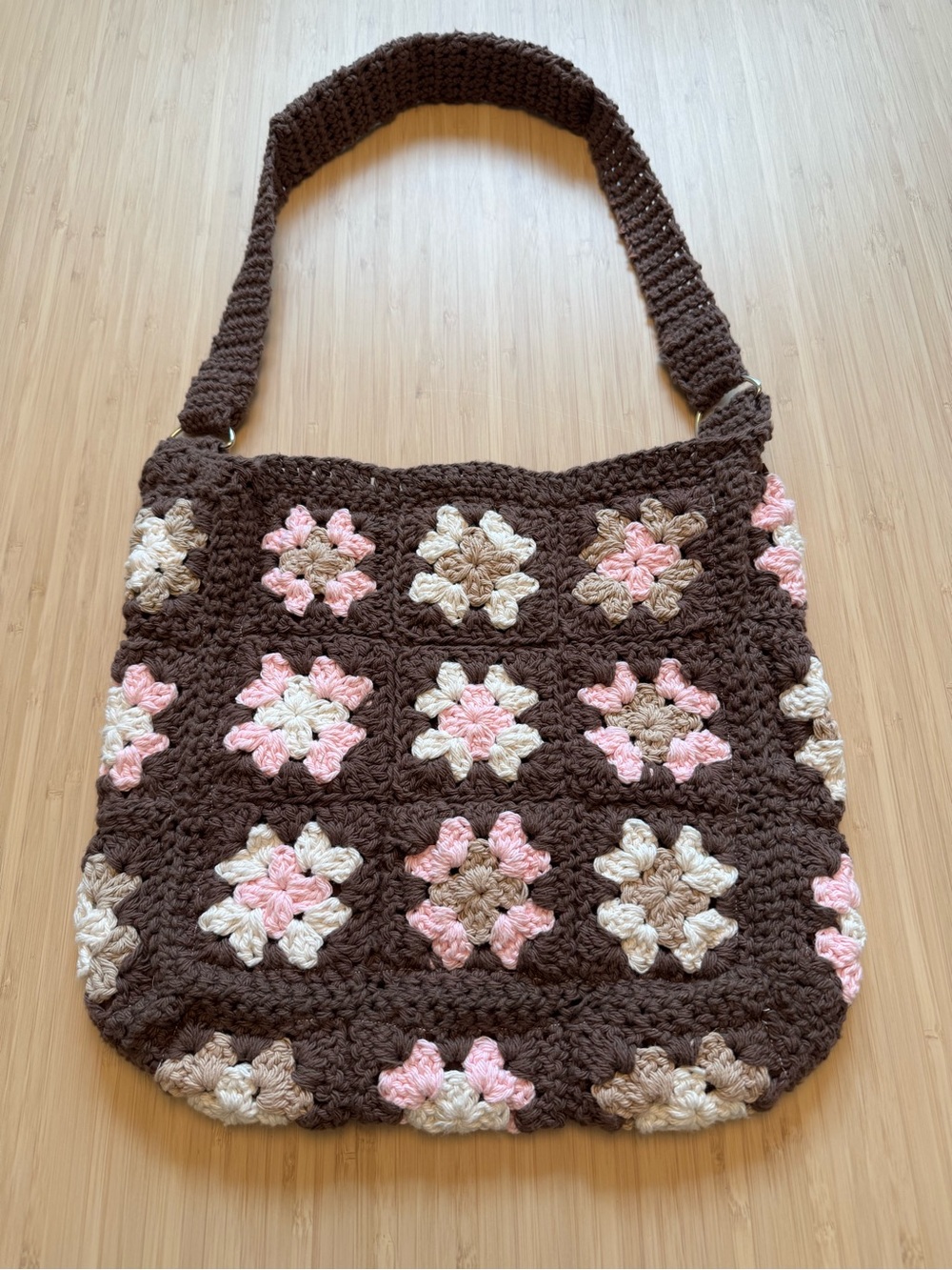 Handmade Brown Crochet Shoulder Bag with Pink & Cream Accents